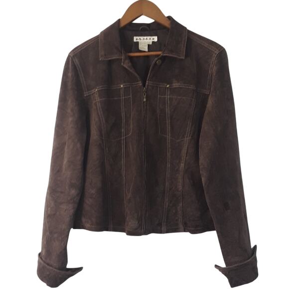 AMI Sz L Brown 100% Leather Y2K Western Lined Zipper Front Vintage Jacket Rodeo - Picture 1 of 12